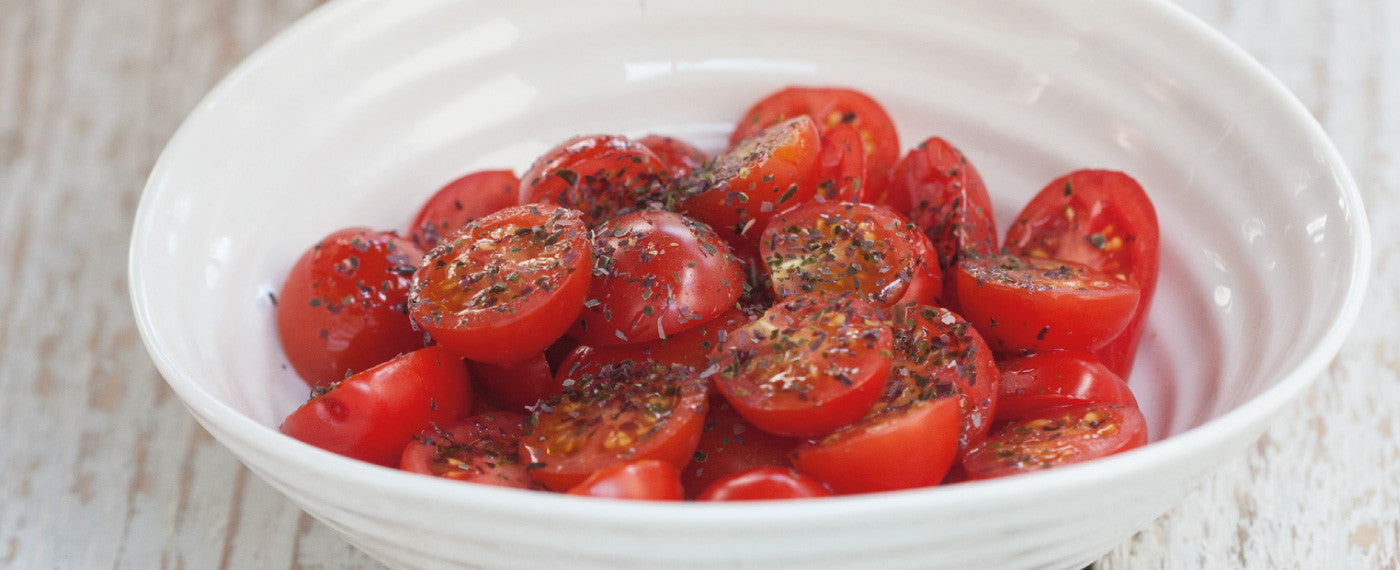 Shony seaweed flakes on cherry tomatoes